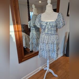 Francesca's Collections Blue and White Floral Smocked Tiered Mini Dress